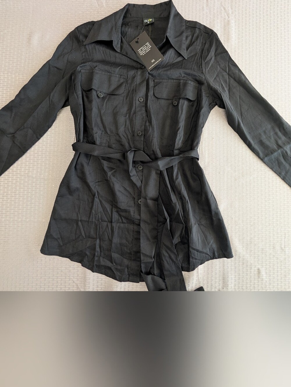 OLIAN Womens Black Long Sleeve Collared Button-Up Shirt w/Waist Tie Pockets  XS